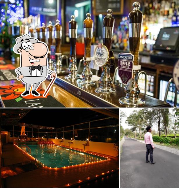 The restaurant's exterior and bar counter