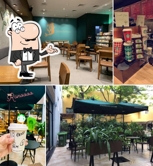 Take a seat at one of the tables at Starbucks