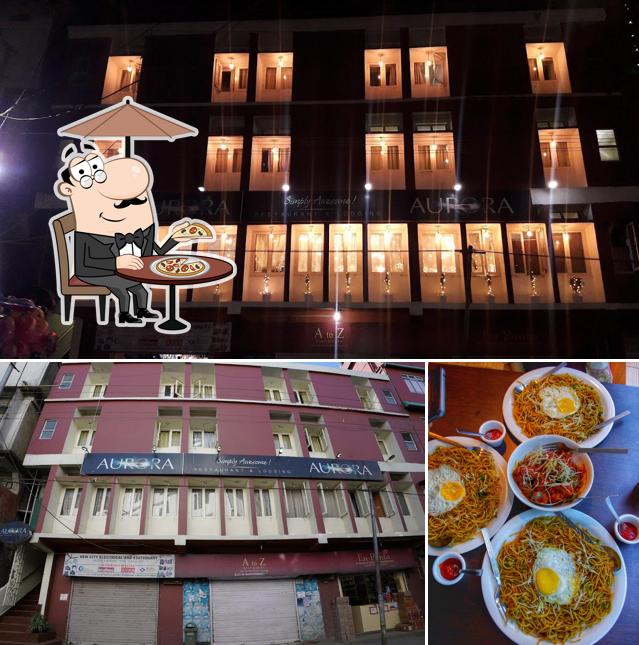 The picture of exterior and food at Aurora restaurant&lodging