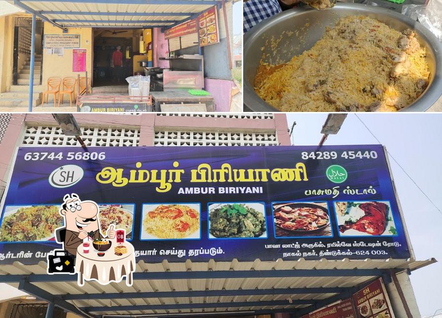 This is the picture showing food and interior at SH AMBUR BRIYANI