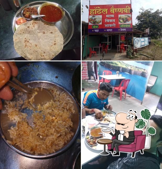 Take a look at the image showing interior and food at Hotel Vaishnavi