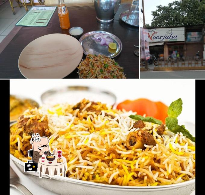 Take a look at the image displaying food and exterior at Hotel Noorjaha