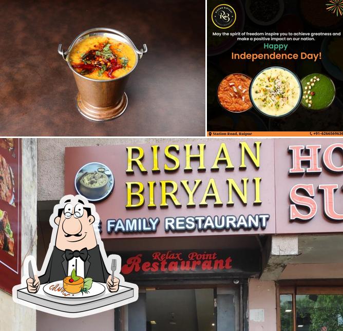 This is the photo displaying food and exterior at Rishan Biryani - The Family Restaurant Best Biryani Best for Big Groups Comfy and Ample Seating Space Train Delivery