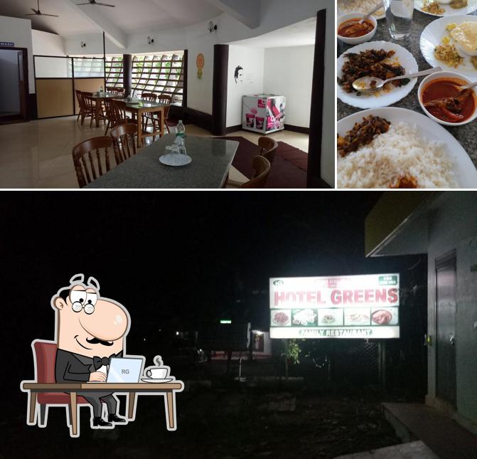 The image of interior and food at Hotel Greens Family Restaurant