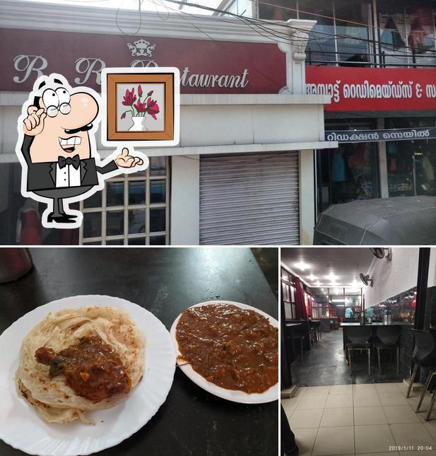 Take a look at the image depicting interior and food at R R Restaurant
