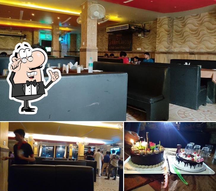The restaurant's interior and cake
