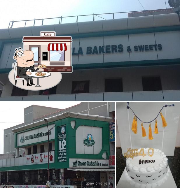 Check out the picture showing exterior and cake at Sri Vela Bakery & Sweets