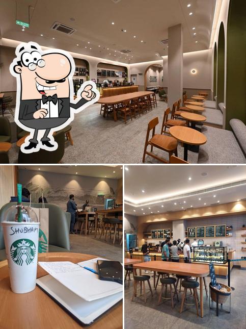 Take a seat at one of the tables at Starbucks