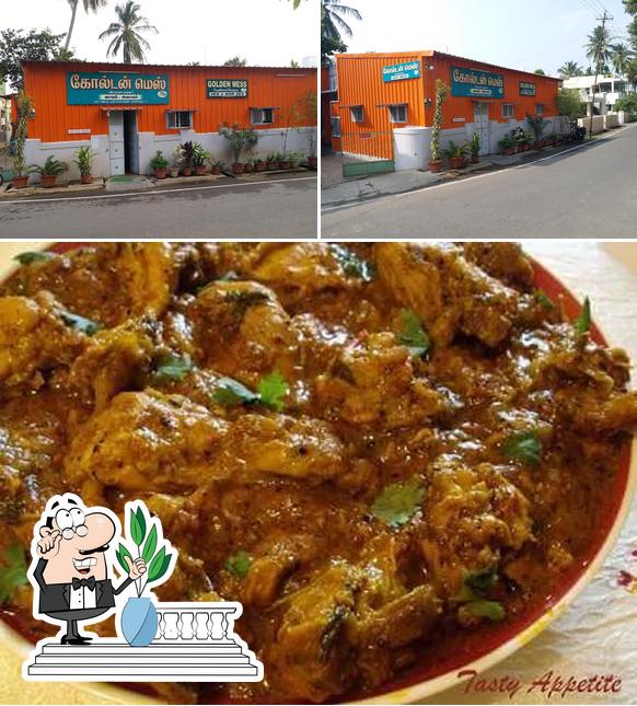Take a look at the image depicting exterior and meat at Golden Mess