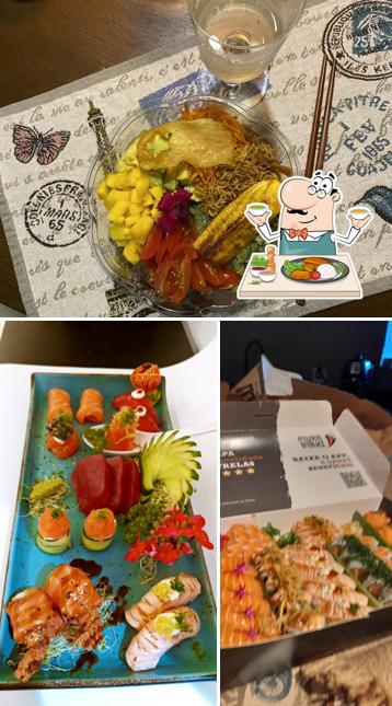 Dê uma olhada a ilustração mostrando comida e bebida a Muramaki Culinária Japonesa