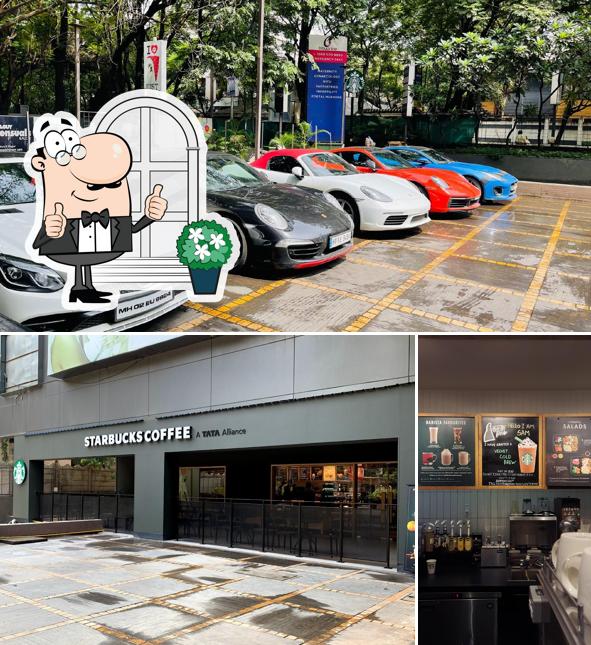 Check out the image depicting exterior and blackboard at Starbucks