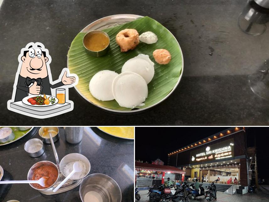 This is the picture displaying food and exterior at Hotel Sri Krishna