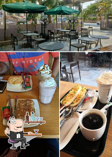 Take a seat at one of the tables at Starbucks