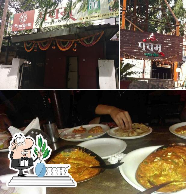This is the picture showing exterior and food at Hotel Pancham