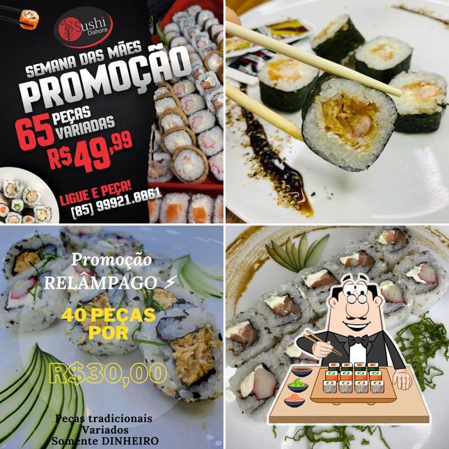 Rolos de sushi são oferecidos por Sushidahora Maraponga