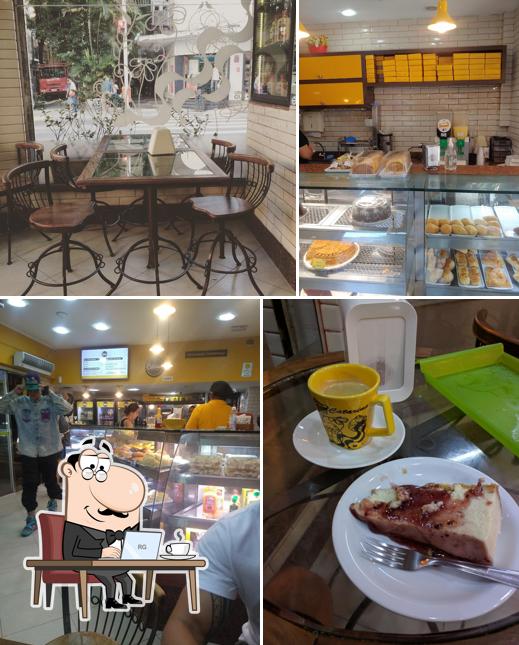 Sente em uma das mesas no Catarina Doces e Salgados