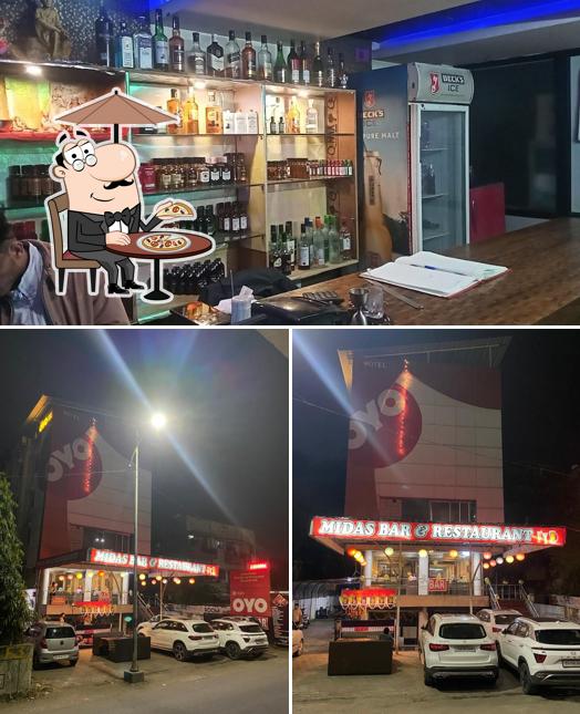 Take a look at the image depicting exterior and interior at MIDAS BAR AND RESTAURANT