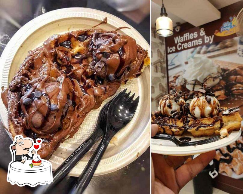 The Waffle And Pizza Lounge serves a variety of sweet dishes