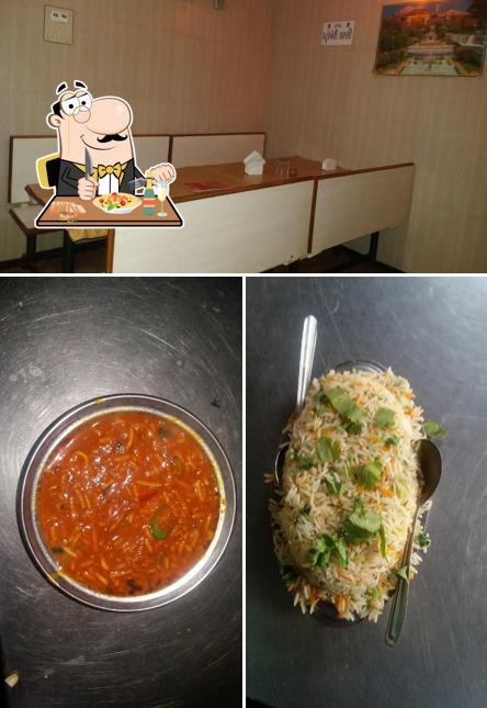 Take a look at the image displaying food and interior at Hotel Ashirvad