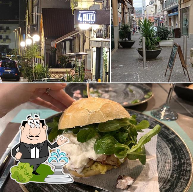 Questa è la foto che mostra la esterno e cibo di 4 Alici Fish Pub