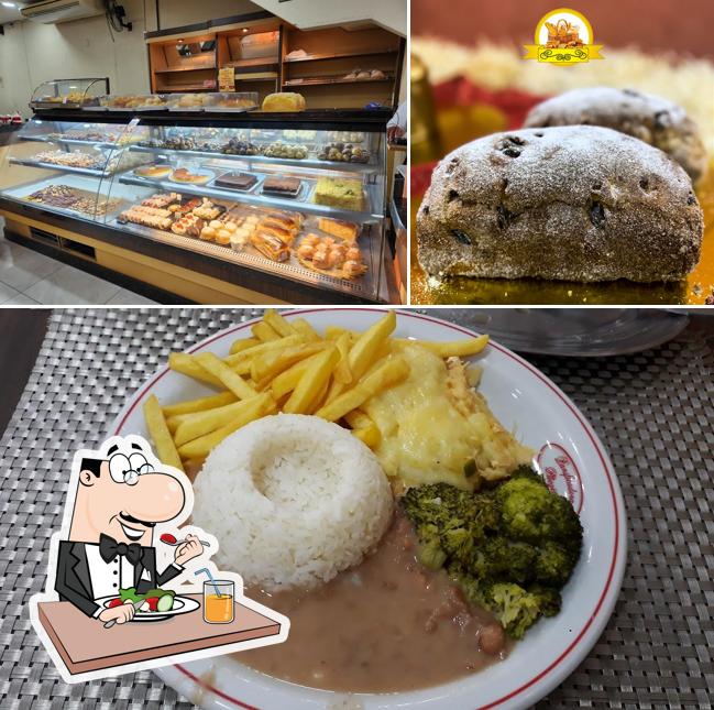 A ilustração da comida e interior no Panificadora Pãozinho