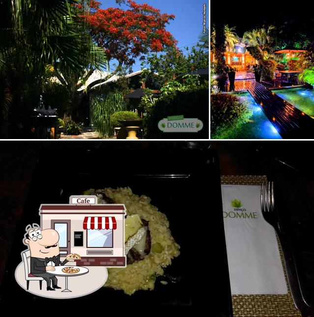 A ilustração do Espaço Domme’s exterior e comida