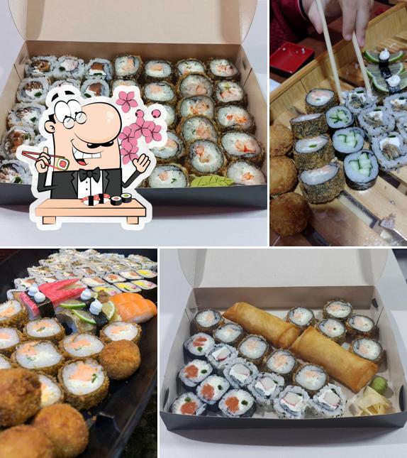 Rolos de sushi são oferecidos por Hots Temaki express Sushi ( sushi, Yakissoba , camarão, ceviches, big hot,shopping,Santa maria df sashimi,poke)