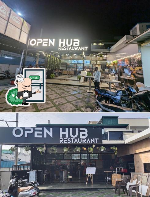 Check out the image displaying exterior and beverage at OPEN HUB RESTAURANT SAMPARADAYA RUCHULU