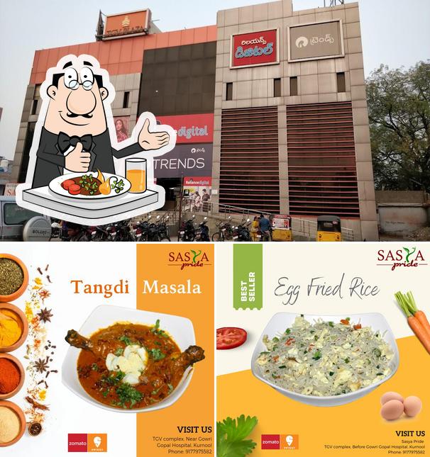 Among different things one can find food and exterior at Hotel Sasya Pride