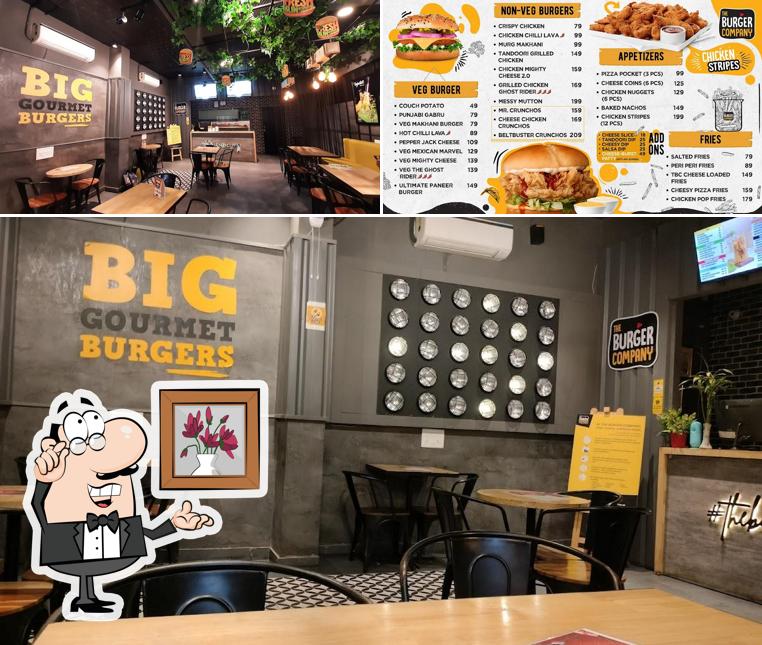 The restaurant's interior and burger