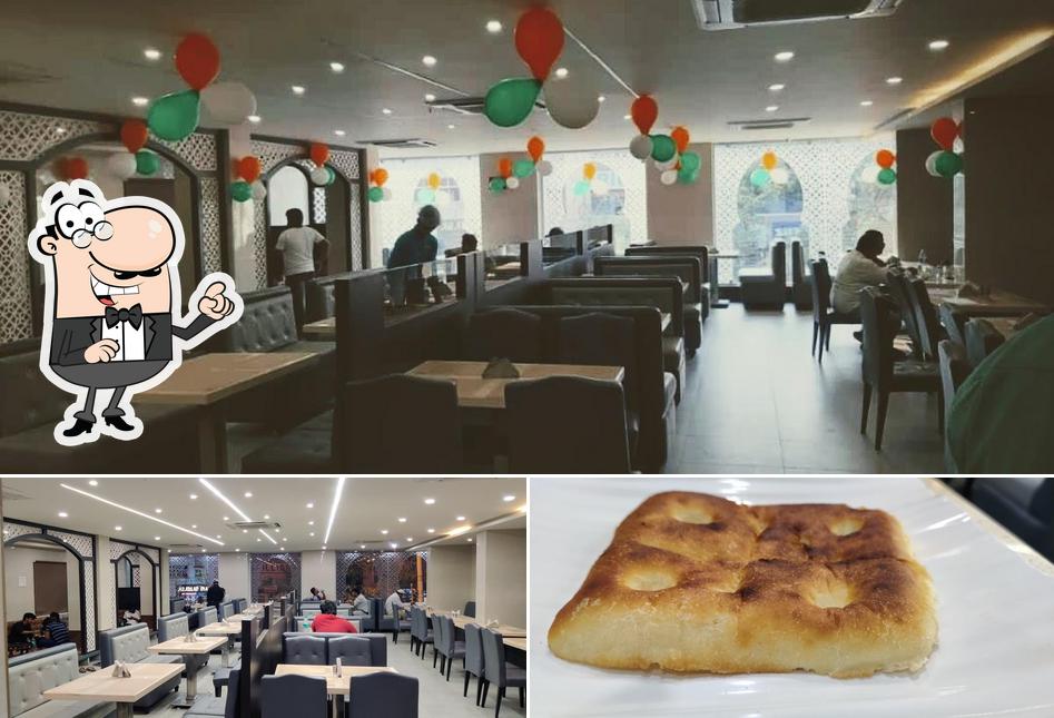 The restaurant's interior and dessert