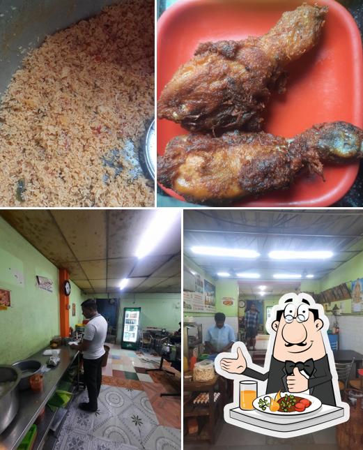 Check out the image showing food and interior at Hotel Abinaya