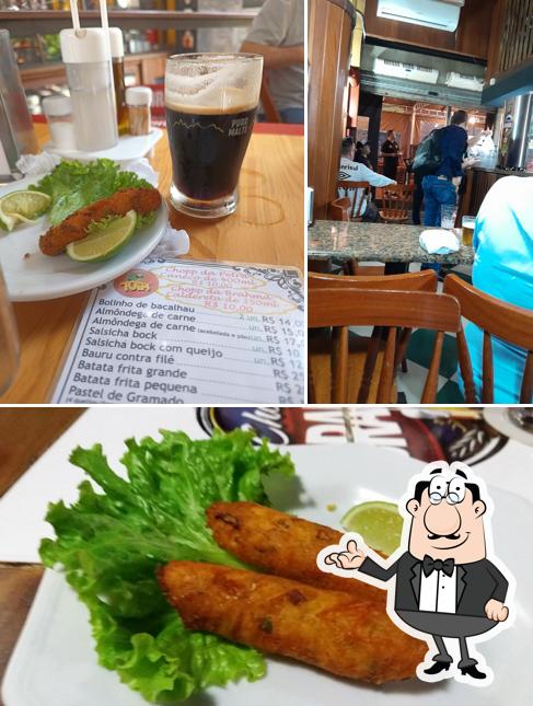 Esta é a ilustração ilustrando interior e comida no Bar Chopp Tuim