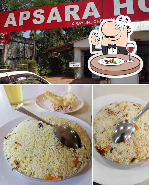 Check out the picture showing food and exterior at Apsara Hotel