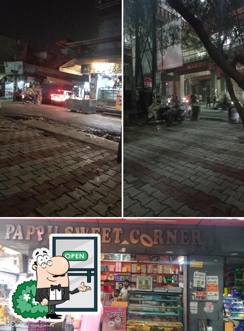 This is the picture displaying exterior and food at Pappu Sweet Corner