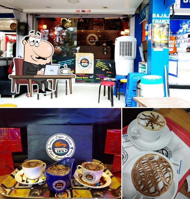 Check out the image depicting interior and drink at Indian Coffee Shoppe(ICS)