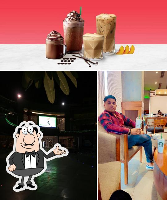 Check out the photo displaying interior and food at Starbucks