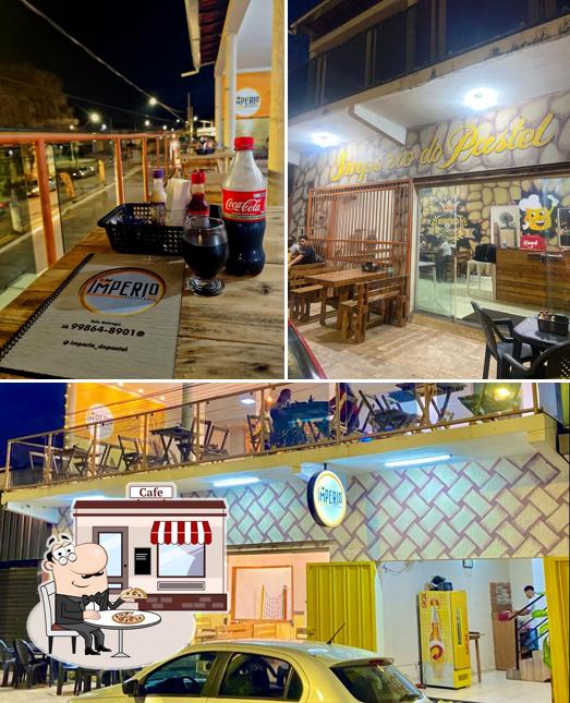 Esta é a imagem mostrando exterior e bebida no Império do Pastel
