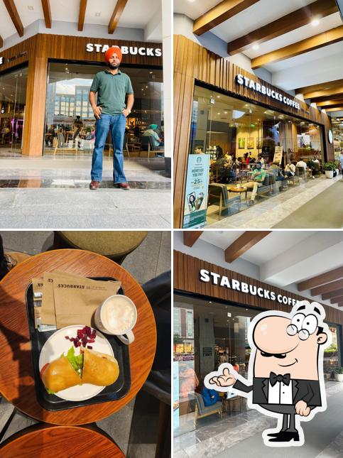 Take a seat at one of the tables at Starbucks