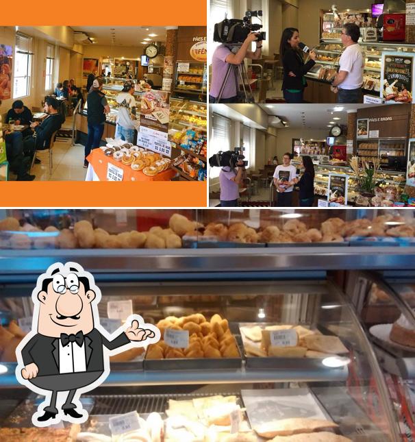 Dê uma olhada a foto mostrando interior e comida no Panificadora e Confeitaria Fênix