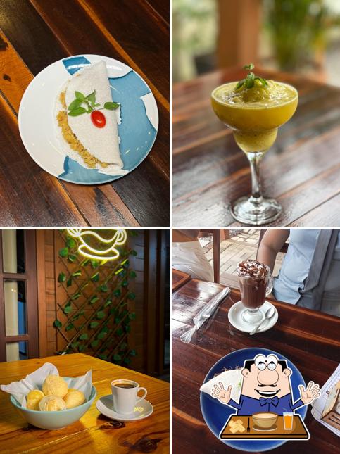 Esta é a ilustração mostrando comida e bebida no Flora Café Eusébio