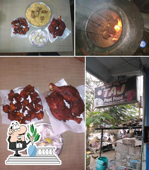 Take a look at the image depicting exterior and food at Taj Fast Food