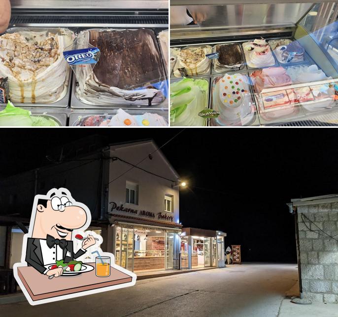 Dai un’occhiata alla foto che mostra la cibo e esterno di Pekarna Aroma Pag