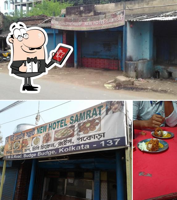 Among various things one can find exterior and dining table at New Samrat Hotel