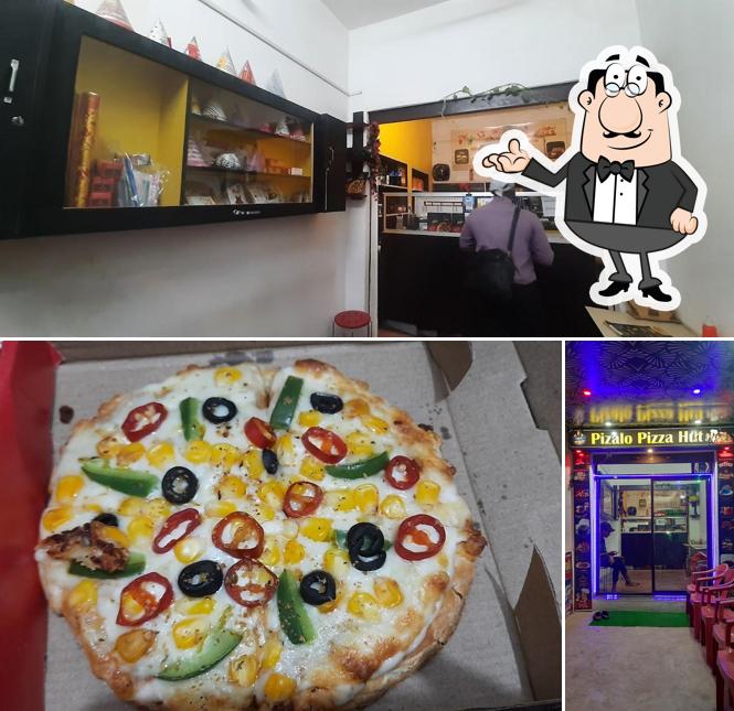 The restaurant's interior and pizza