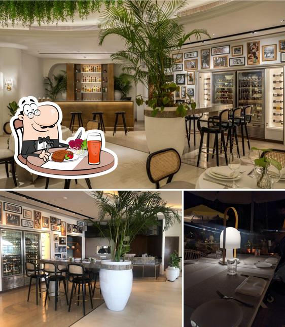 The restaurant's dining table and interior