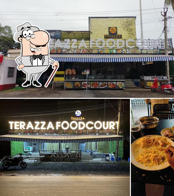 Check out the picture depicting exterior and food at Terazza food court