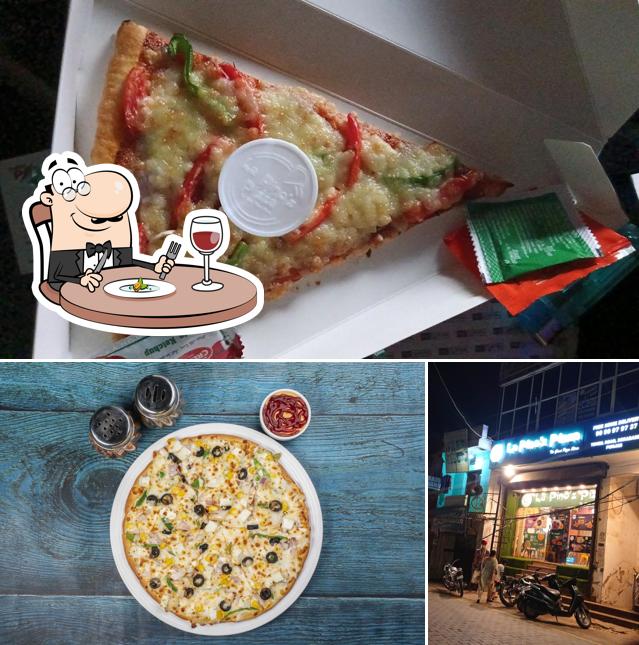 The image of food and exterior at La Pino'z Pizza
