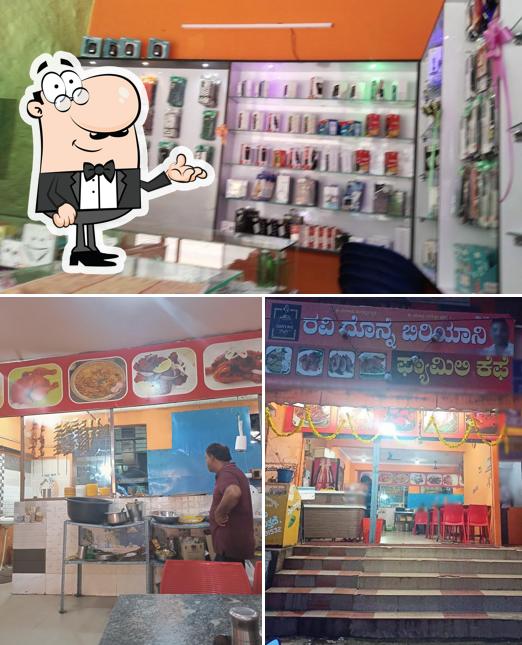 Take a look at the image showing interior and food at Ravi Donne Biryani