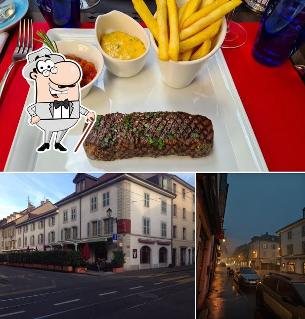 Questa è la immagine che presenta la esterno e cibo di Café des Négociants